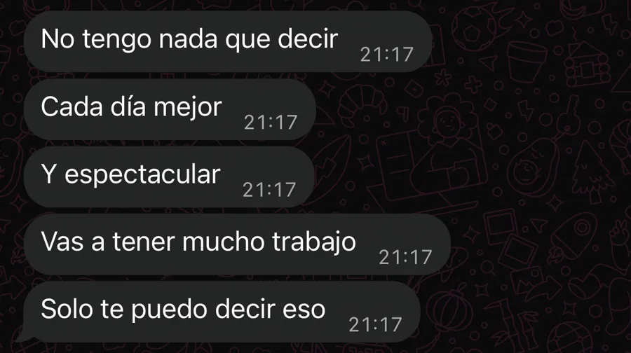 Mensaje de un cliente: «No tengo nada que decir. Cada día mejor y espectacular. Vas a tener mucho trabajo, solo te puedo decir eso».